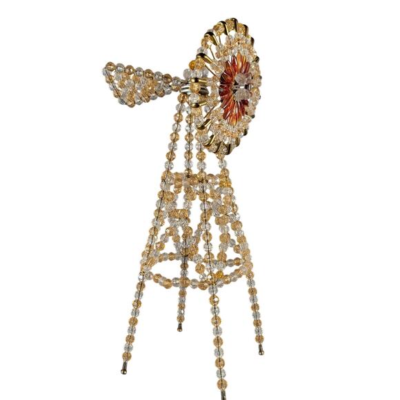 Vintage Beaded Windmill Sculpture Gold Amber Plastic Bead Handmade 13" Farmhouse - Picture 4 of 16